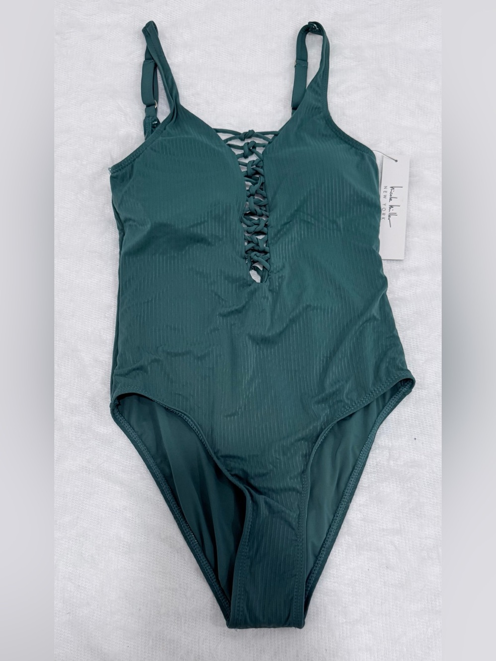 Nicole Miller Ribbed Lace-Up One Piece Swimsuit Jasper Green Women’s Size S NWT